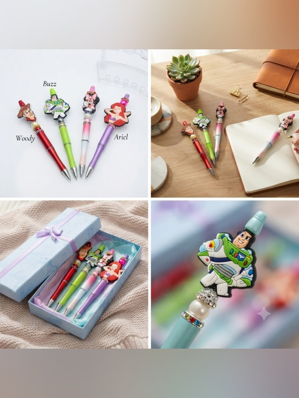 Character Topper Ballpoint Pens - Red, Lime, Pink, Purple- Set Of 4 - Picture 2 of 5